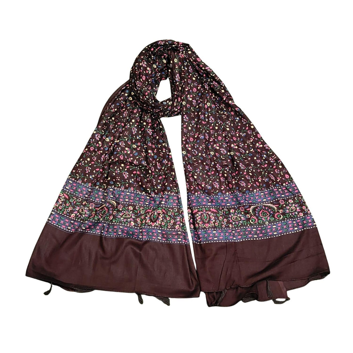 JAHAN TEXTILE Floral Printed Scarf for Women | Soft Lightweight Dupatta/Stole with Tassels | Elegant Ethnic & Casual Wear Wrap | Stylish Designer Shawl for All Seasons (Brown)