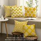 STITCHNEST Set of 5 Polycotton Cushion Covers – 18x18 Inches – Yellow & White Ikat Geometric Print – Elegant Cushion Covers for Sofa & Living Room | Perfect for Home Decor