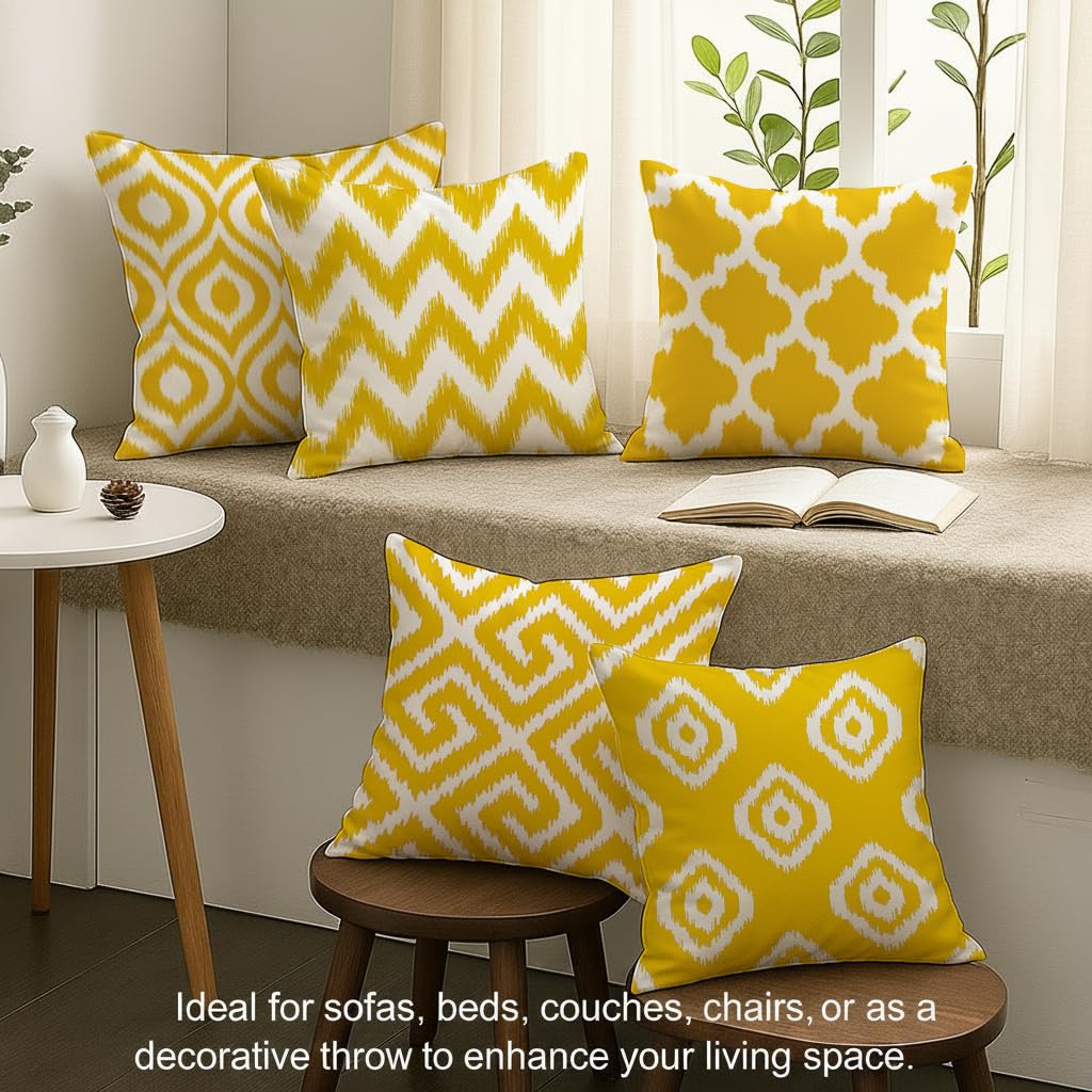 STITCHNEST Set of 5 Polycotton Cushion Covers – 16x16 Inches – Yellow & White Ikat Geometric Print – Elegant Cushion Covers for Sofa & Living Room | Perfect for Home Decor