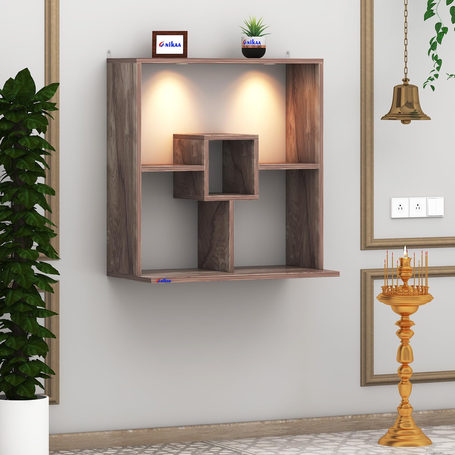 Anikaa Shelly LED Light Wall Mounted Hanging Puja Temple Shelf Stylish Engineered Wood God Stand for Pooja Room Mandir Stand for Temple (Coachwood) D.I.Y