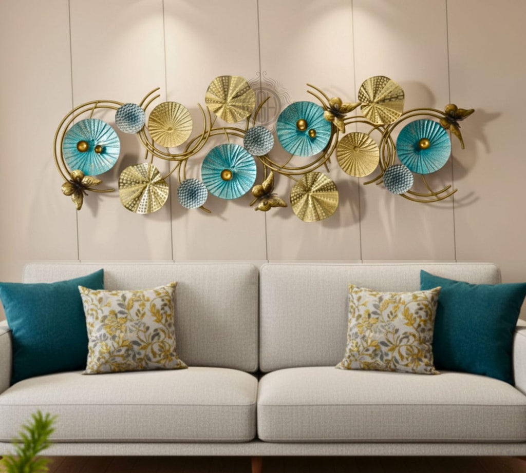 DSH CRAFTING YOUR CURIOSITY Metal Wall Art Lotus Leaves Wall Hanging Wall Decor Sculpture (46 X 17 Inch) For Home Hotel Restauran Decoration (16-BUTTERFLY-BLUgold)