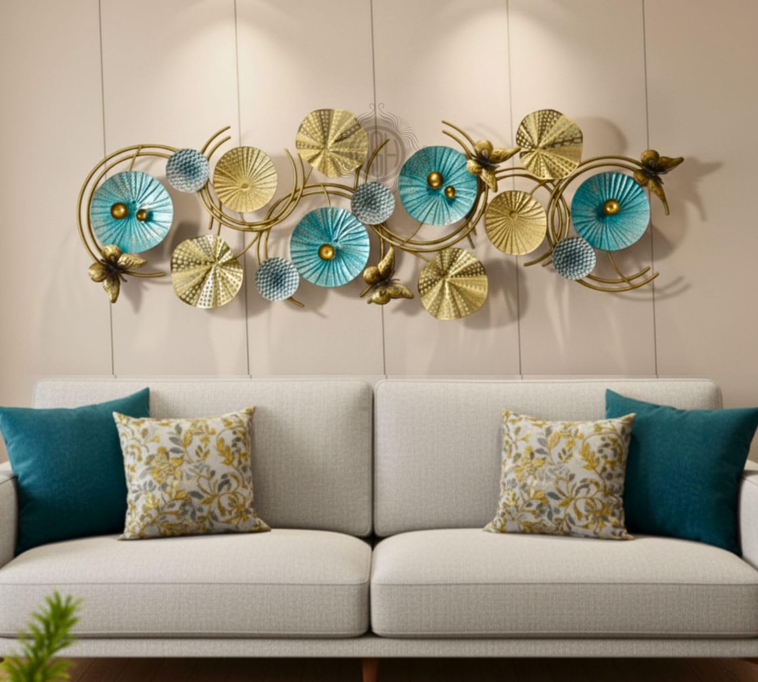 DSH CRAFTING YOUR CURIOSITY Metal Wall Art Lotus Leaves Wall Hanging Wall Decor Sculpture (46 X 17 Inch) For Home Hotel Restauran Decoration (16-BUTTERFLY-BLUgold)