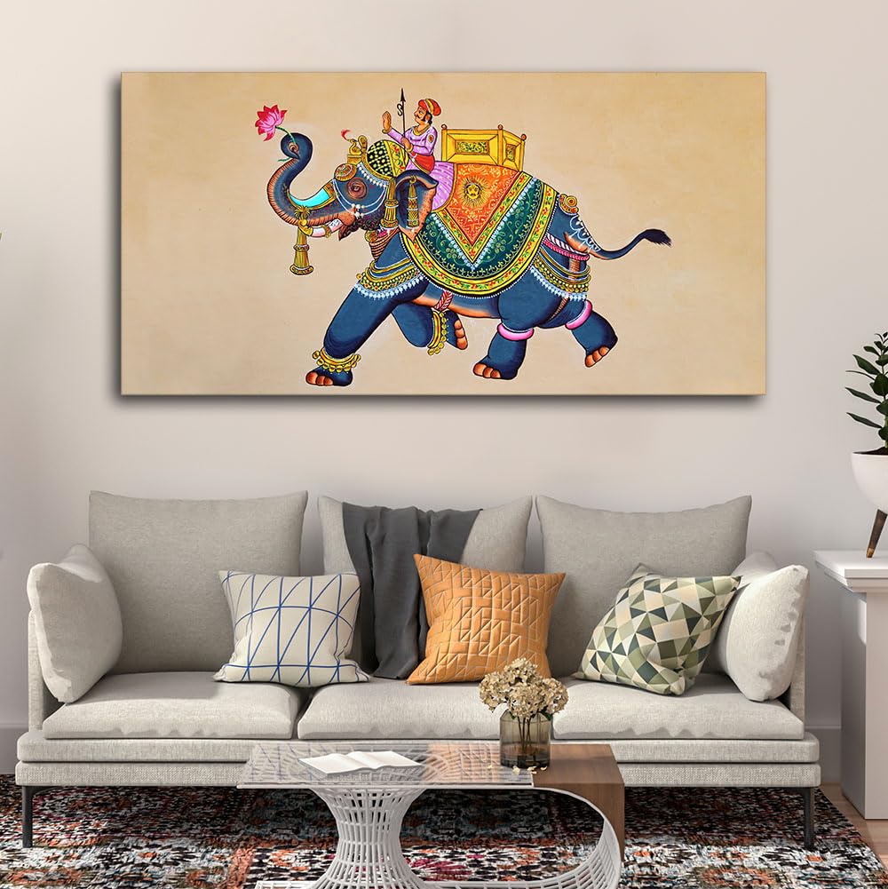 VIBECRAFTS Madhubani Art Elephant Premium Canvas Wall Painting With Frame for Living Room Drawing Room Home|Office|Gift (PTVCH_2212N)
