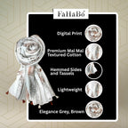 FAHABO Scarf Woman Floral Print Premium Mal Mal Textured Cotton Scarves with Tassels | Hijab Scarf | Headscarf | Neck Scarf | Stoles | Wraps | Size 71 L x 33 W (Elegance Grey, Brown)