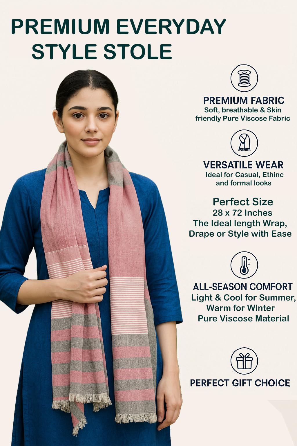 Flyer female Women's Stole/Scarf Colour- Pink & Grey Stylish 100% Soft Viscose Cotton Blend Ethnic Stripes Pattern Scarves Pack Of 1 St-13