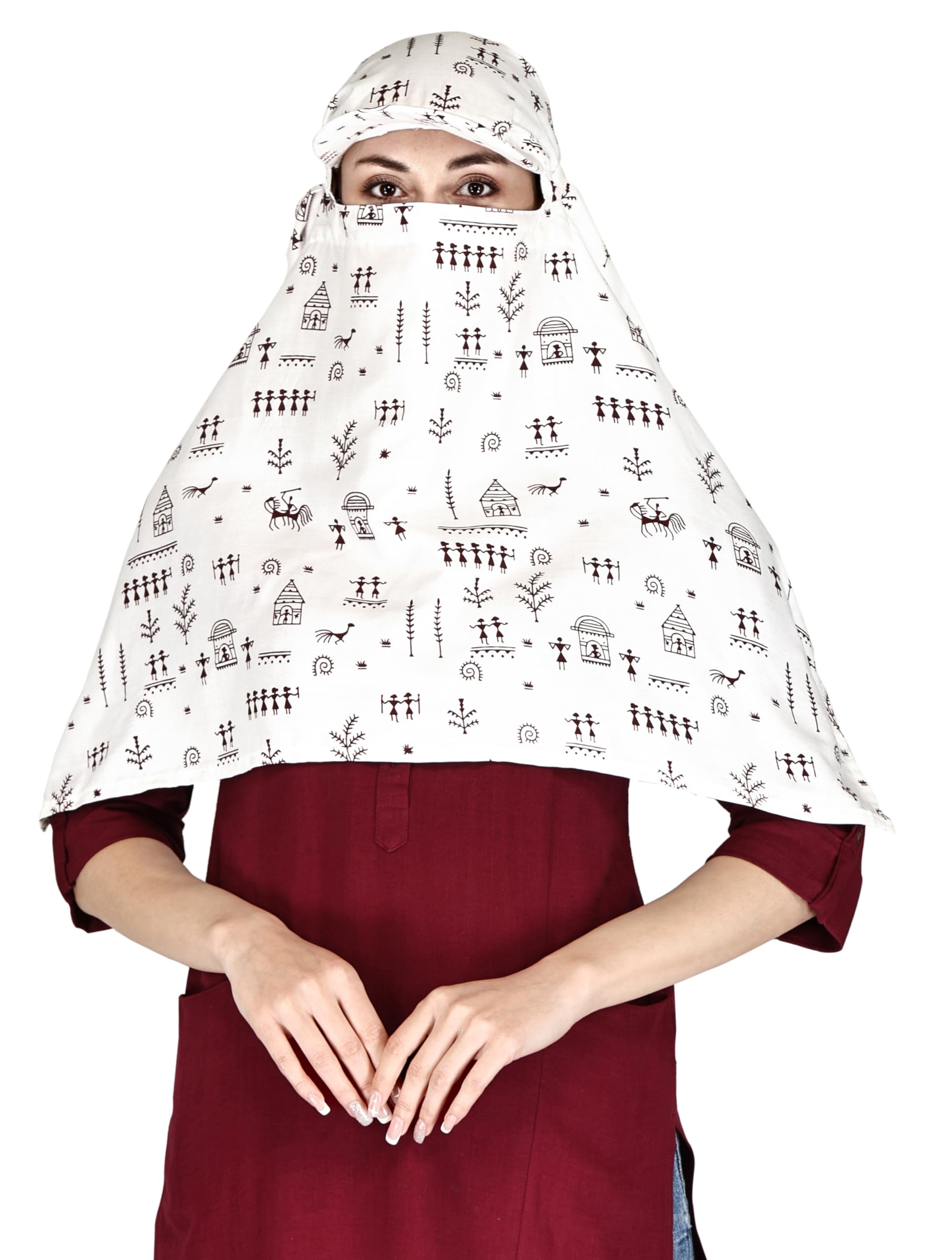 TESY QWEN Women's Scarf Cum Mask with Cap, Rayon Multi-Functional Neck Gaiter with UV Protection for Biking, Hiking and Travel (Red_Dhingli)