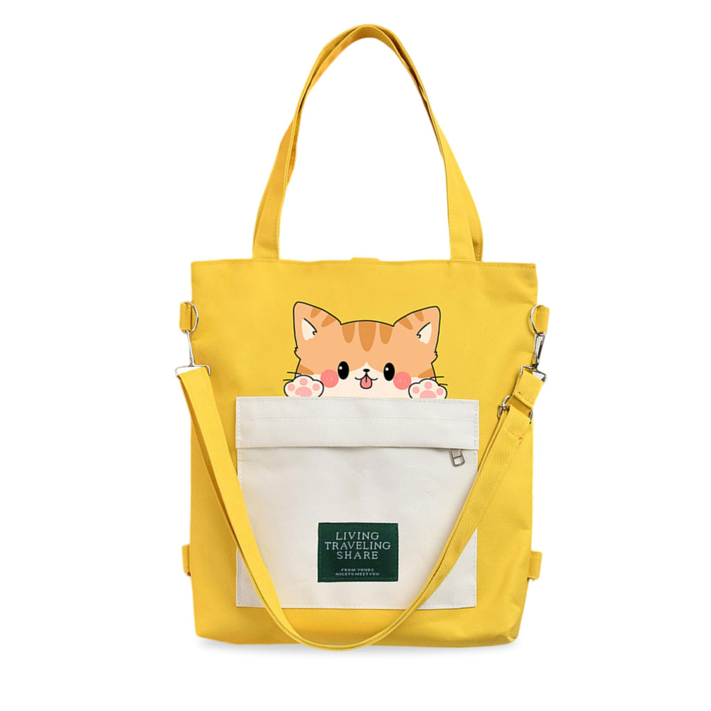 Kraptick Tote Bags – Stylish Shoulder Tote Bag for Everyday Use For Women Compact Reusable Perfect as a Grocery Tote Bag, Shopping Bags for Grocery (Lazy Cat Yellow)