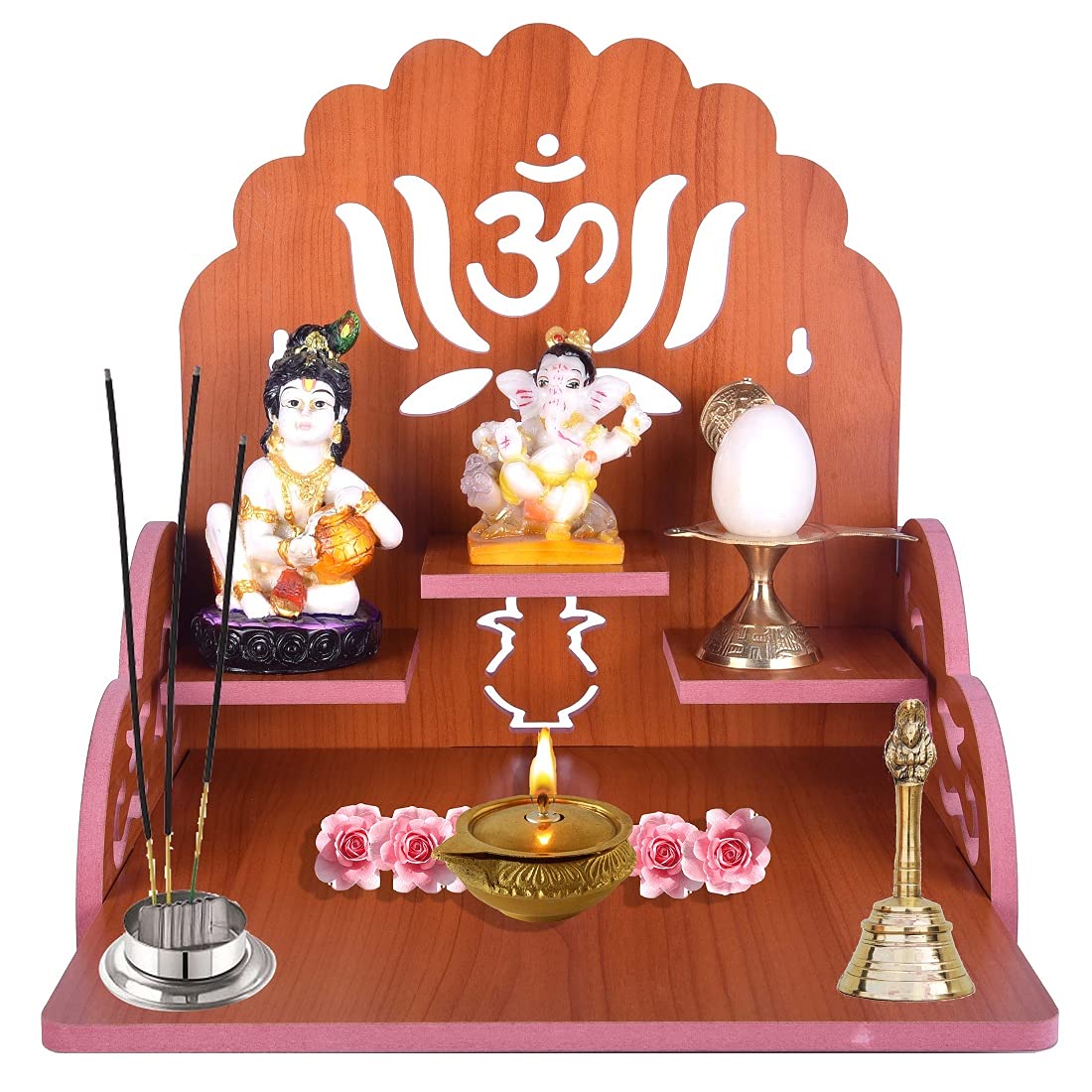 PRIMEFAIR Handmade Beautiful Wooden Temple/Home Temple/Puja Mandir/Wall Hanging and Table Top Home Mandir Temple/Home Art & Craft Engineered Wood Home Wall Temple (BROWN-396)