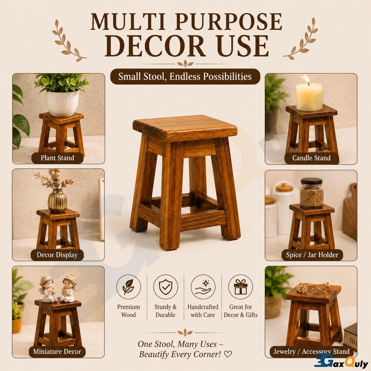 GaxQuly Teakwood Mini Wooden Stool Plant Stand, Small 9.5cm Decorative Pedestal Risers, Handcrafted Teak Wood Candle & Accessory Display Holder for Tabletop Home Decor (Brown, 2pcs)