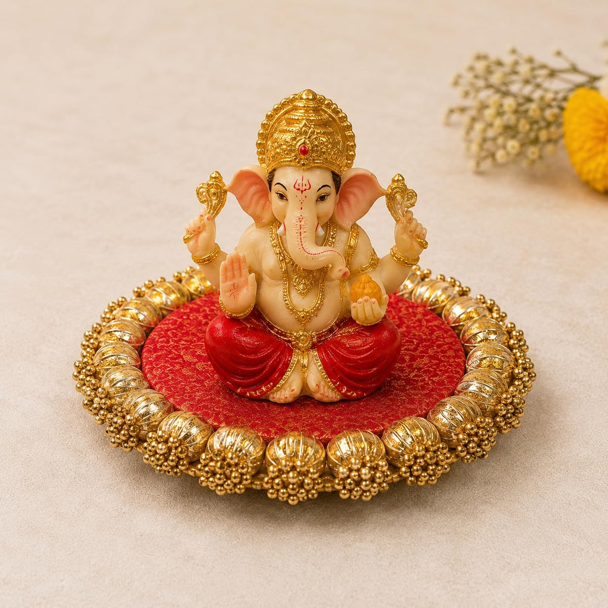SATYAM KRAFT 1 Pc Handmade Jhumki Platter (6 Inch) with Gota Patti & Golden Moti | Ganpati & Janmashtami Decoration, Festive Home Décor, Pooja Setup, Table Centerpiece & Gifting Item