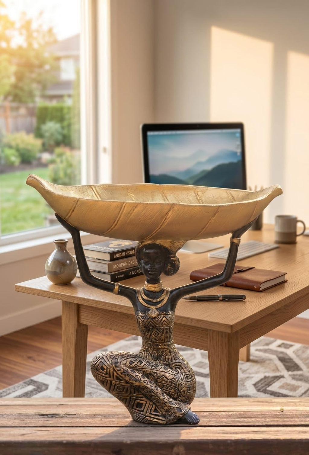 African Lady Decorative Bowl | Black Gold Tribal Tray | Multipurpose Holder for Keys, Candy, Planter | Home Decor