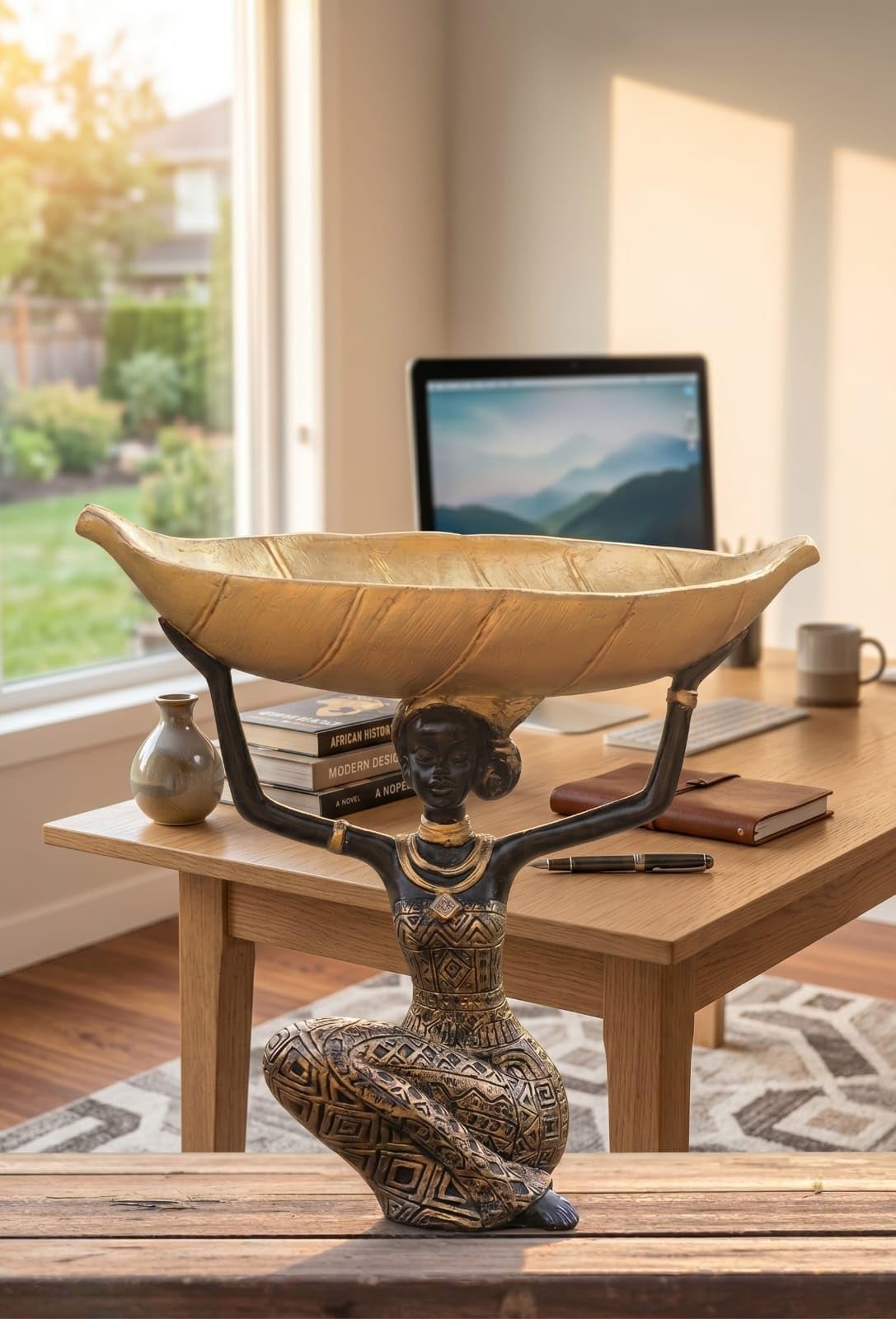 African Lady Decorative Bowl | Black Gold Tribal Tray | Multipurpose Holder for Keys, Candy, Planter | Home Decor