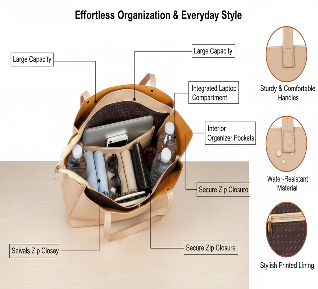 Zutiva tote bag for women office use - Beige Nude Vegan Leather Tote Bag for Work- Office, Daily Use Large Shoulder Handbag Stylish & Lightweight Fits 15-inch Laptop