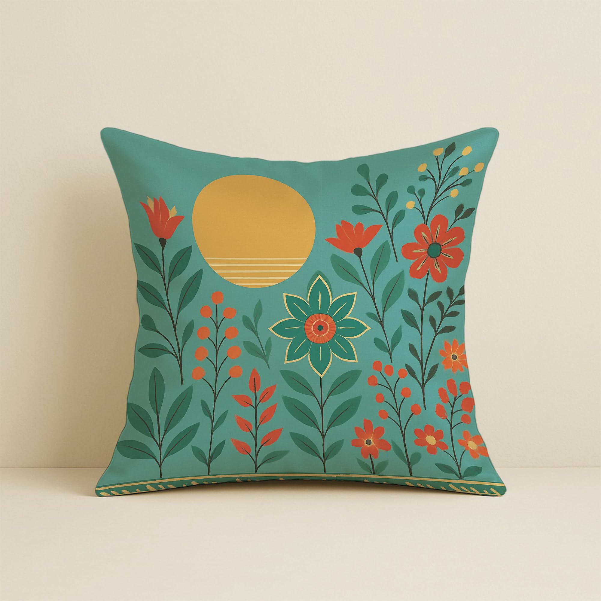 STITCHNEST Satin Cushion Covers Elegant Woman in Saree with Basket & Flowers, 16x16 Inch, Pack of 2 for Ethnic Sofa Styling & Gifting