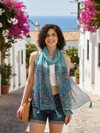 KE KANHA EXPORTS Scarf for Women Premium Cotton Boho | Dual Tone Border Print Stole with Tassels | Lightweight Summer Beach Wrap 180 x 50 cm (Aqua Blossom Blue)