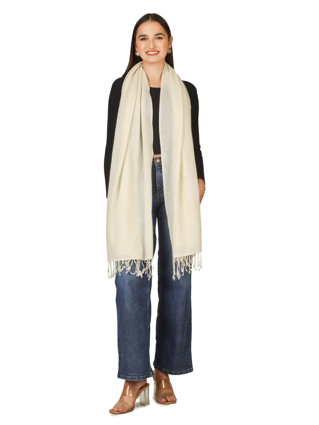 VERAME Pure Pashmina Stole for Women | Thick & Ultra Soft Solid Winter Shawl | Luxury Plain Warm Pashmina Wrap for Winter, Weddings and Parties (WHITE)