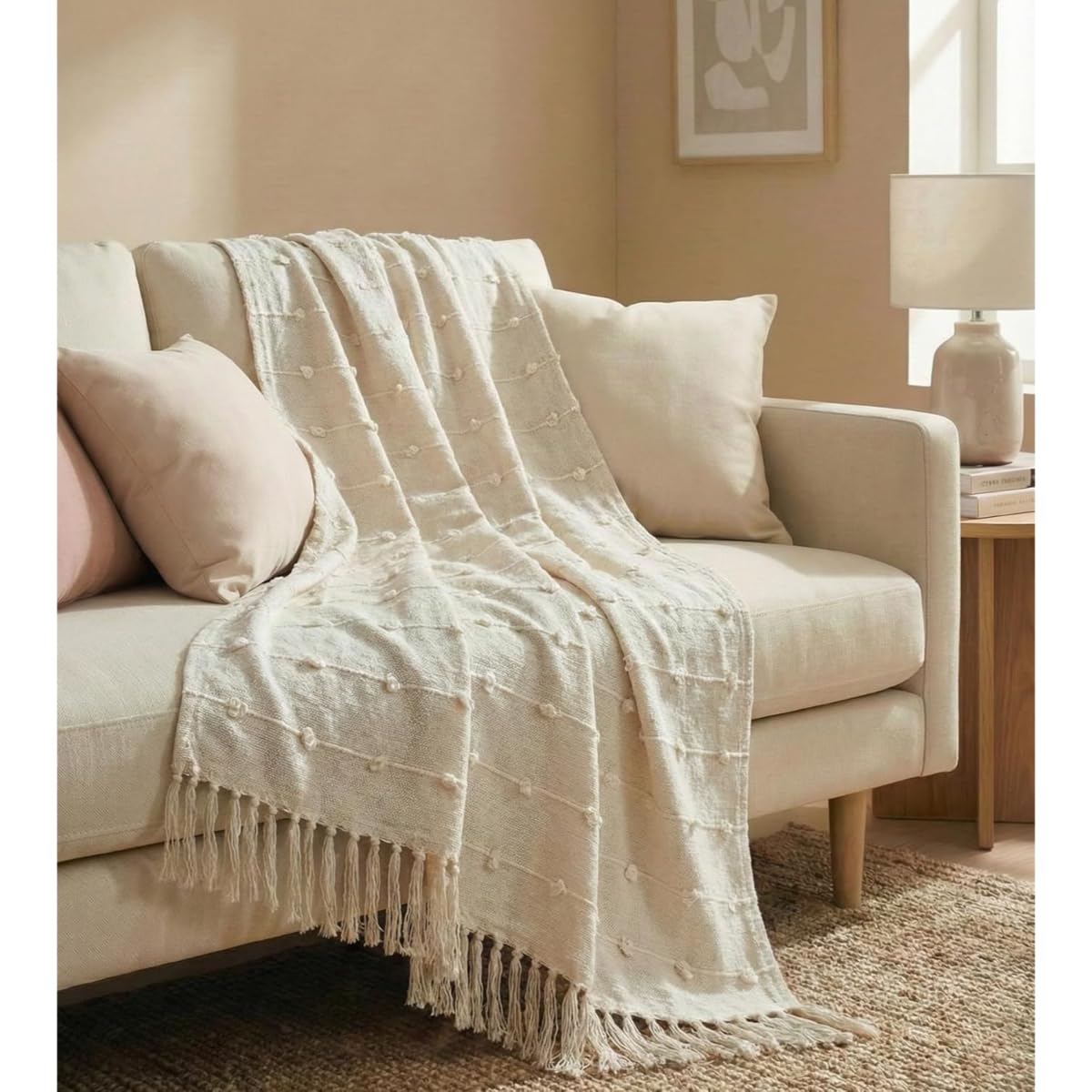 24x7 Home Store Decorative Sofa Throw Blanket with Tassel Fringe, Boho Style, Cream and Navy (Beige, Zig Zag Throw) Kafalo