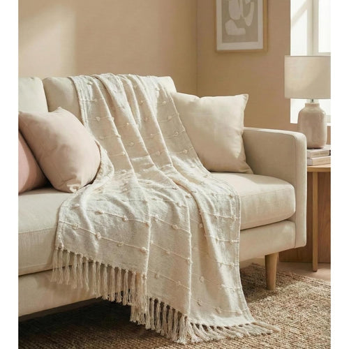 24x7 Home Store Decorative Sofa Throw Blanket with Tassel Fringe, Boho Style, Cream and Navy (Beige, Zig Zag Throw) Kafalo