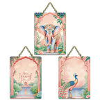 Artvibes Taj Mahal, Peacock & Elephant Royal Indian Modern Art Wooden Wall Hanger for Home Decor | Handcrafted Art | Aesthetic Wooden Decor | Graphic Artwork | Unique Gift (WH_9655NN), Set of 3