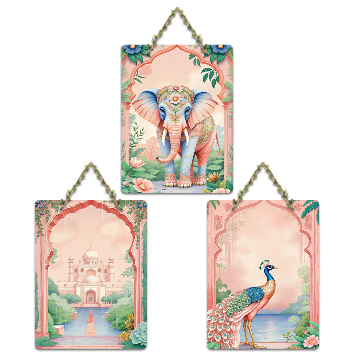 Artvibes Taj Mahal, Peacock & Elephant Royal Indian Modern Art Wooden Wall Hanger for Home Decor | Handcrafted Art | Aesthetic Wooden Decor | Graphic Artwork | Unique Gift (WH_9655NN), Set of 3