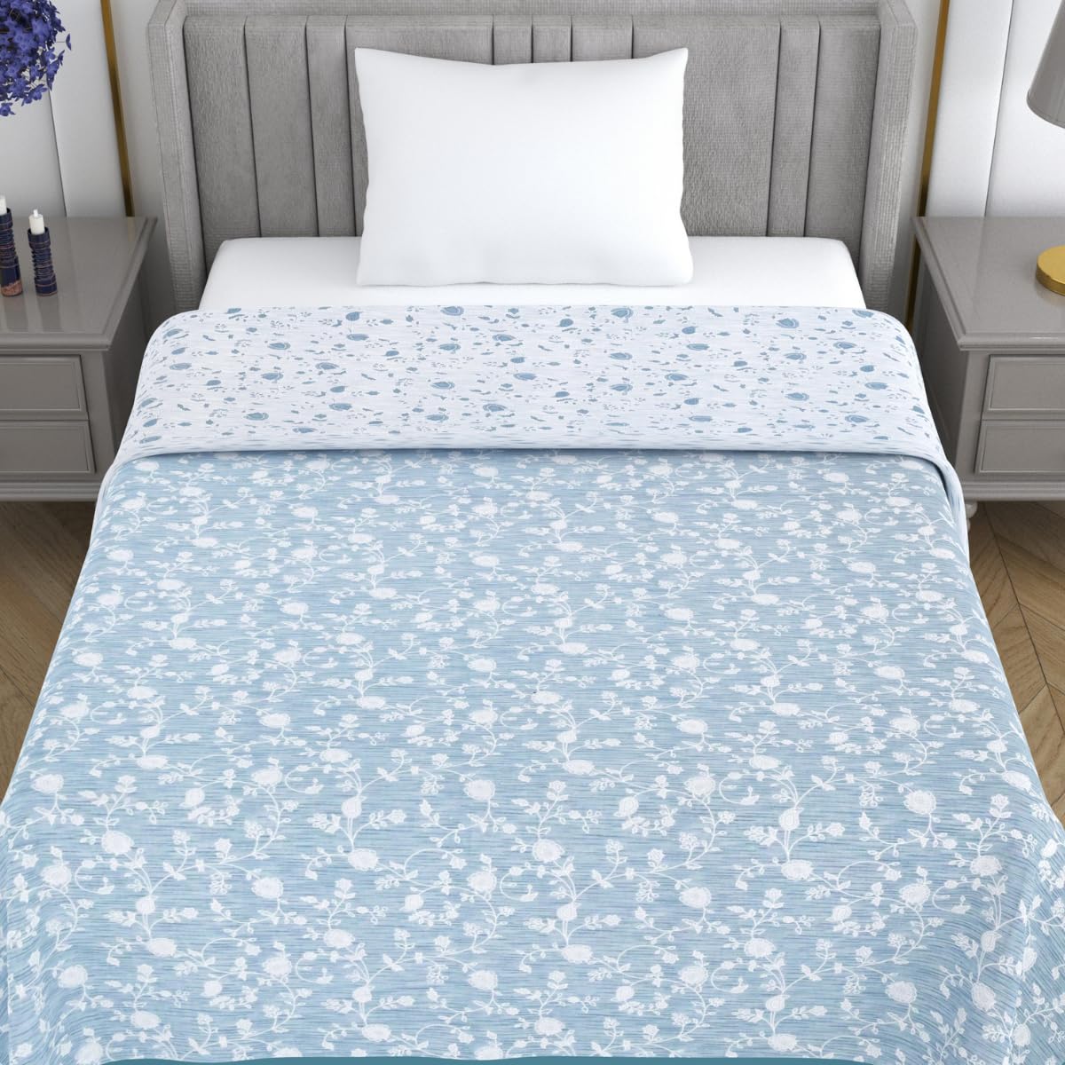 Mafatlal Sparsh Dohar Single Bed, 150 GSM Pure Cotton Malmal, Reversible AC Blanket, Soft & Breathable Cotton Blanket for Summer, Monsoon & Winter, 147 x 223 cm, Muted Steel Blue & White Kafalo