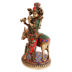 Artvarko Brass Krishna with Cow Playing Flute Idol Statue Krishan Ji Murti Temple Puja Office Home Décor Showpiece Gift 10 Inch.