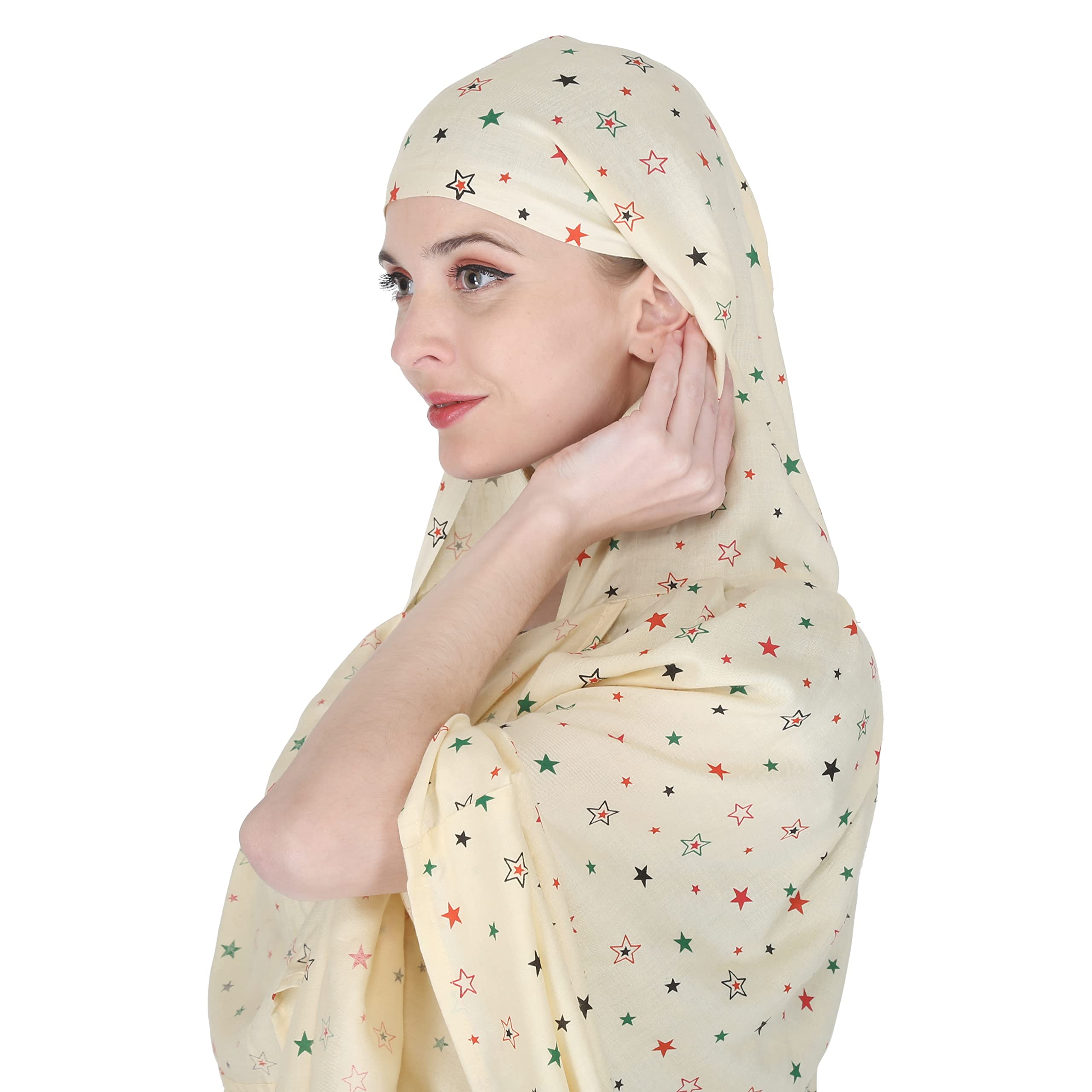 7 season's Cotton Long Scarf Cum Mask Universal Size Usable For Vehicle Driver For Sunlight UV Protection White Printed Design (Yellow Star - L) For Female