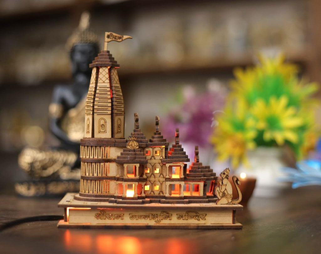 A & S VENTURES Shri Ram Mandir Ayodhya 3D Model Wooden Hand Carved Temple 6 inches Decorative Showpiece Wood Temple for Gift Replica (with Multicolour Led Lights)