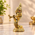KridayKraft Lord Krishna Idol Playing Flute with Peacock, 14 cm Golden Aluminium Bansuri Krishna Murti for Home Mandir, Pooja Room, Janmashtami Décor & Religious Gifting