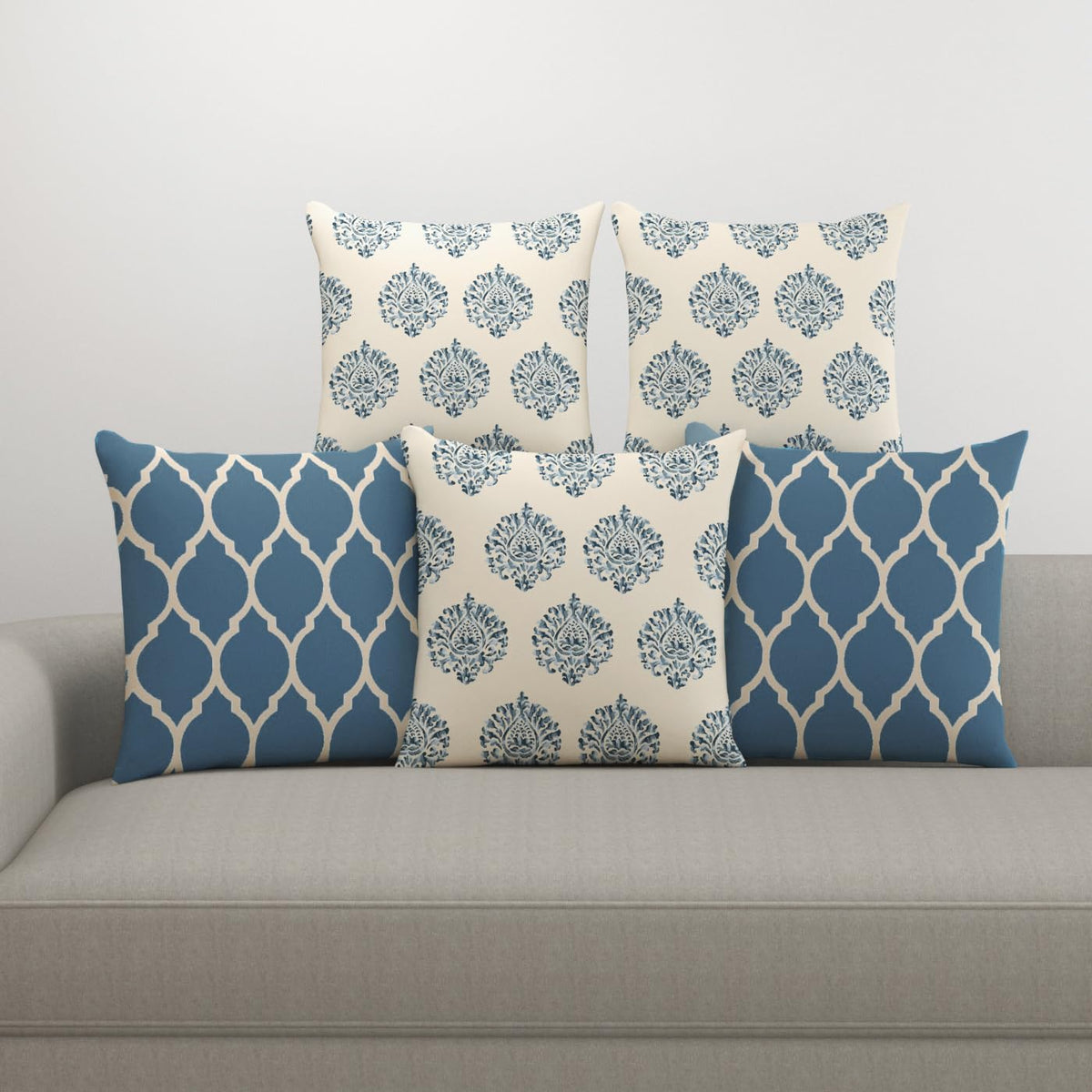 Trance Home Linen Set of 5 Premium 100% Cotton 18x18 inch Cushion Covers Only for Sofa and Diwan |Throw Pillow/Small Cushion Pillow Covers Only – (18x18 inch| 45cmx45cm, Damask & Dori Blue) – Set of 5