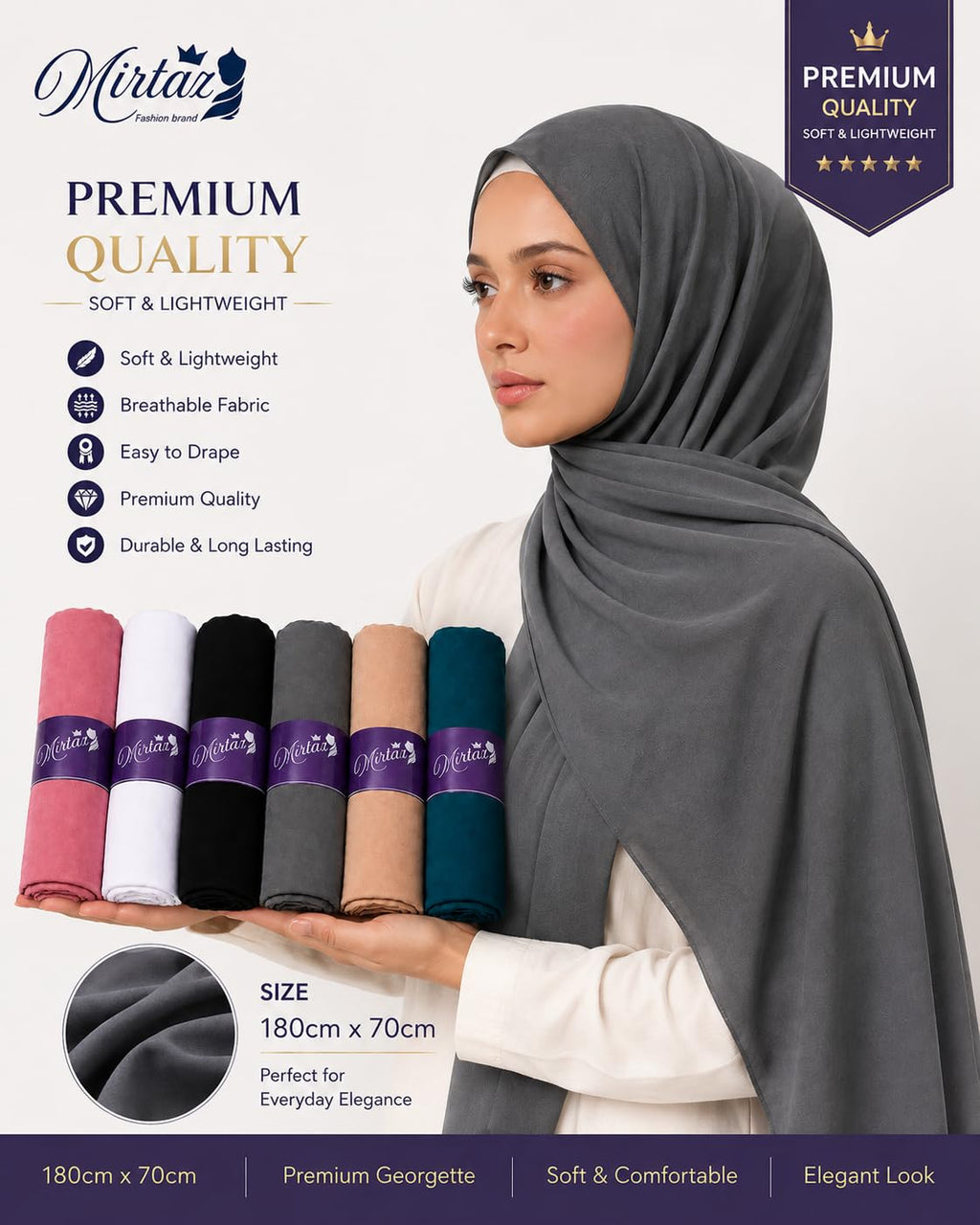 MIRTAZ Women's Chiffon Hijab Combo Pack of 6 | Soft Lightweight Plain Hijab Scarf | 180 x 70 cm