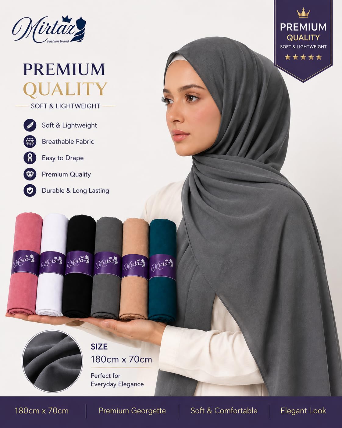 MIRTAZ Women's Chiffon Hijab Combo Pack of 6 | Soft Lightweight Plain Hijab Scarf | 180 x 70 cm