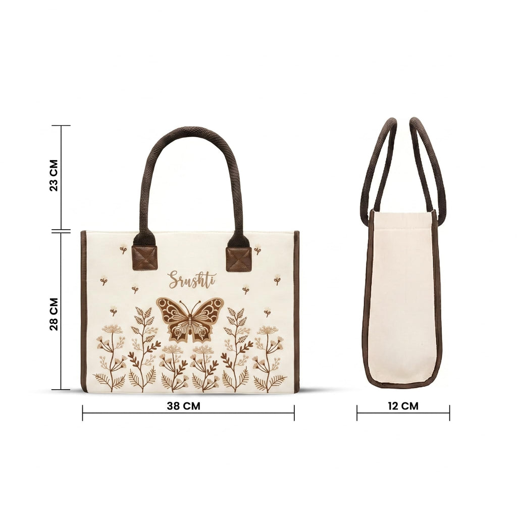 ECOCARRY Box Tote Bag for Women | Stylish Casual Shoulder Embroidered Cotton Canvas Hand Bag | Ladies Handbags for College Girls, Office Daily Use, Beach, Shopping, Travel | Off White Butterfly