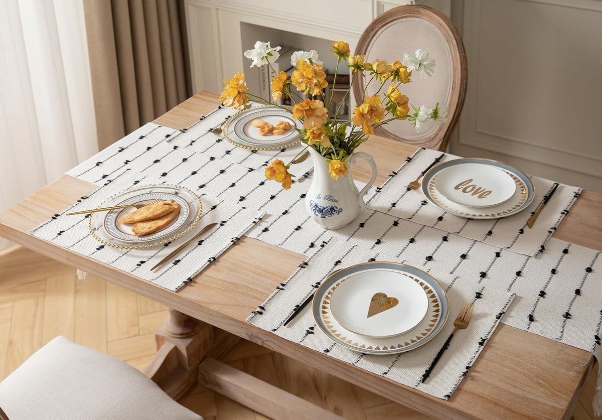 ALSTONIA Handmade Natural Cotton Dining Table Placemats | Heat Resistant Dining Table Place Mats for Kitchen Coffee Center Table & Eating Areas (Black & White, 6 Pcs Placemats with 1 Runner(14x72) Kafalo