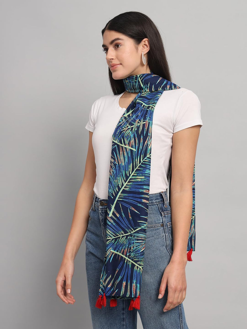 Ravaiyaa - Attitude is everything Women Blue & Green Hand Block Leaf Printed Cotton Tasseled Scarf 71 X 21 Inch