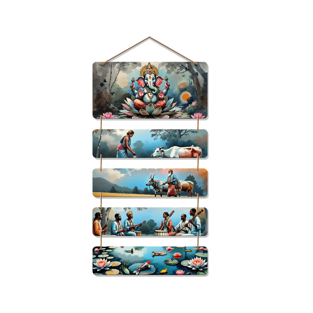 Artvibes Lord Ganpati Koi Fish & Rural Village Auspicious Wooden Art Work Wall Hanging | Spiritual Decor Items | Paintings | Wall Illustrations| Stylish Modern Decor Item | Ideal Gifts (WH_6731N)