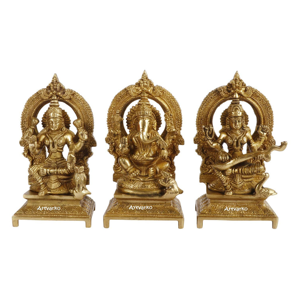 ARTVARKO Lakshmi Ganesha Saraswati, Set of 3 Lord Statues Brass Lakshmi (Laxmi), Ganesha, Saraswati, Handmade Idol 7 Inches