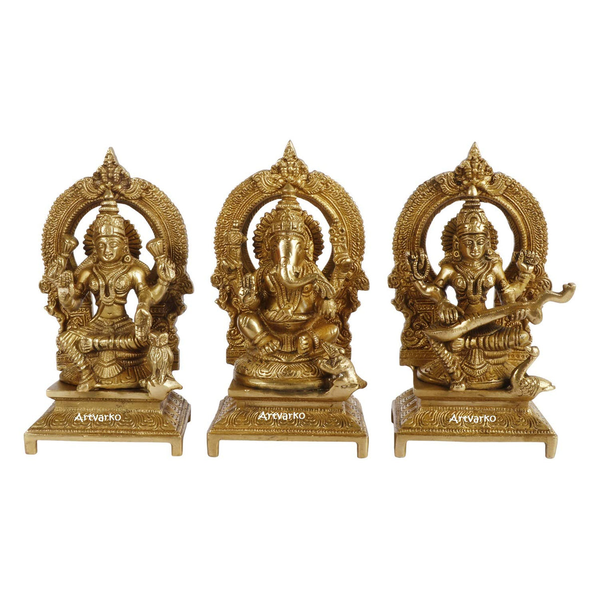 ARTVARKO Lakshmi Ganesha Saraswati, Set of 3 Lord Statues Brass Lakshmi (Laxmi), Ganesha, Saraswati, Handmade Idol 7 Inches