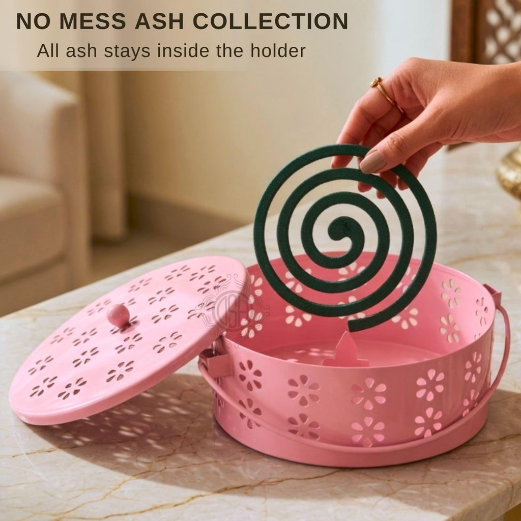 DSH Metal Mosquito Coil Holder with Lid & Handle Ash Catcher Stand for Mosquito Coil Indoor Outdoor Safe Use (Pink)