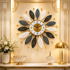 Luxury Metal Sunburst Leaf Wall Clock, Large Decorative Silent Clock, Black, White and Gold, for Living Room, Bedroom, Office