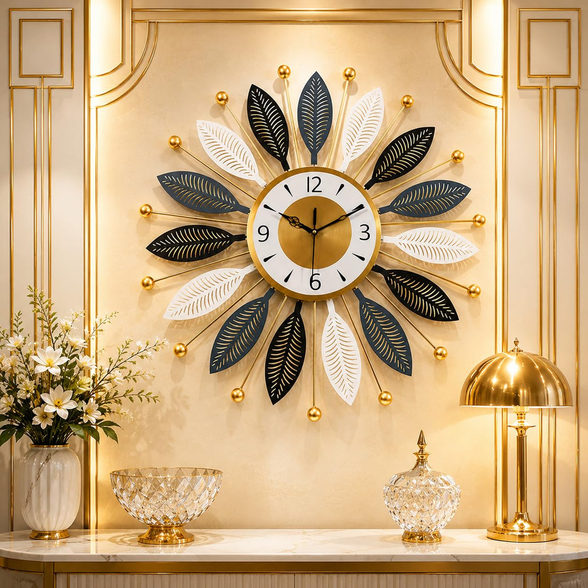 Luxury Metal Sunburst Leaf Wall Clock, Large Decorative Silent Clock, Black, White and Gold, for Living Room, Bedroom, Office