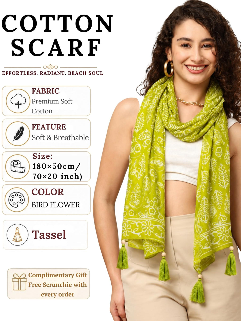 GALE GIRLS Cotton Scarf For Women Stylish|Beach Tassel Printed Scarf|Multicolor|Easily fits 180 * 50cm|70x20 Inch