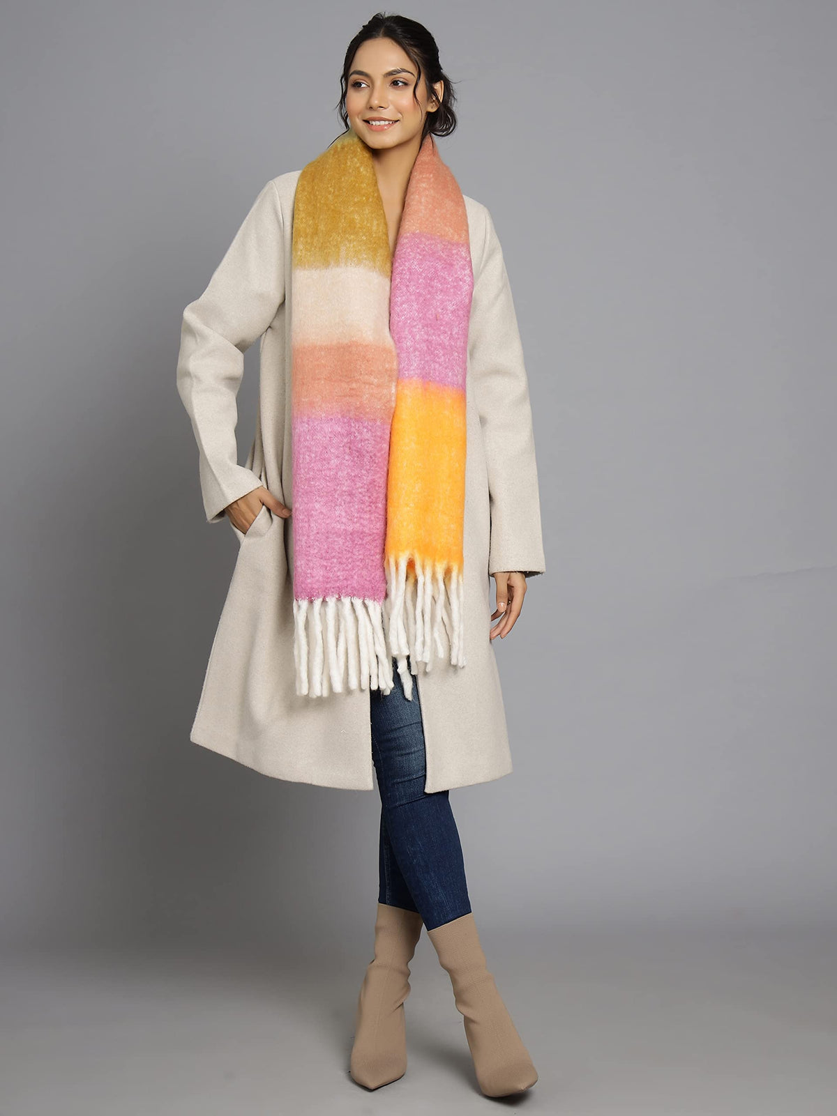 Ravaiyaa - Attitude is everything Women's Cashmere Wool Acrylic Scarf Winter Long Scarves, Neck Wrap 72 X 14 Inch (Yellow & Pink)