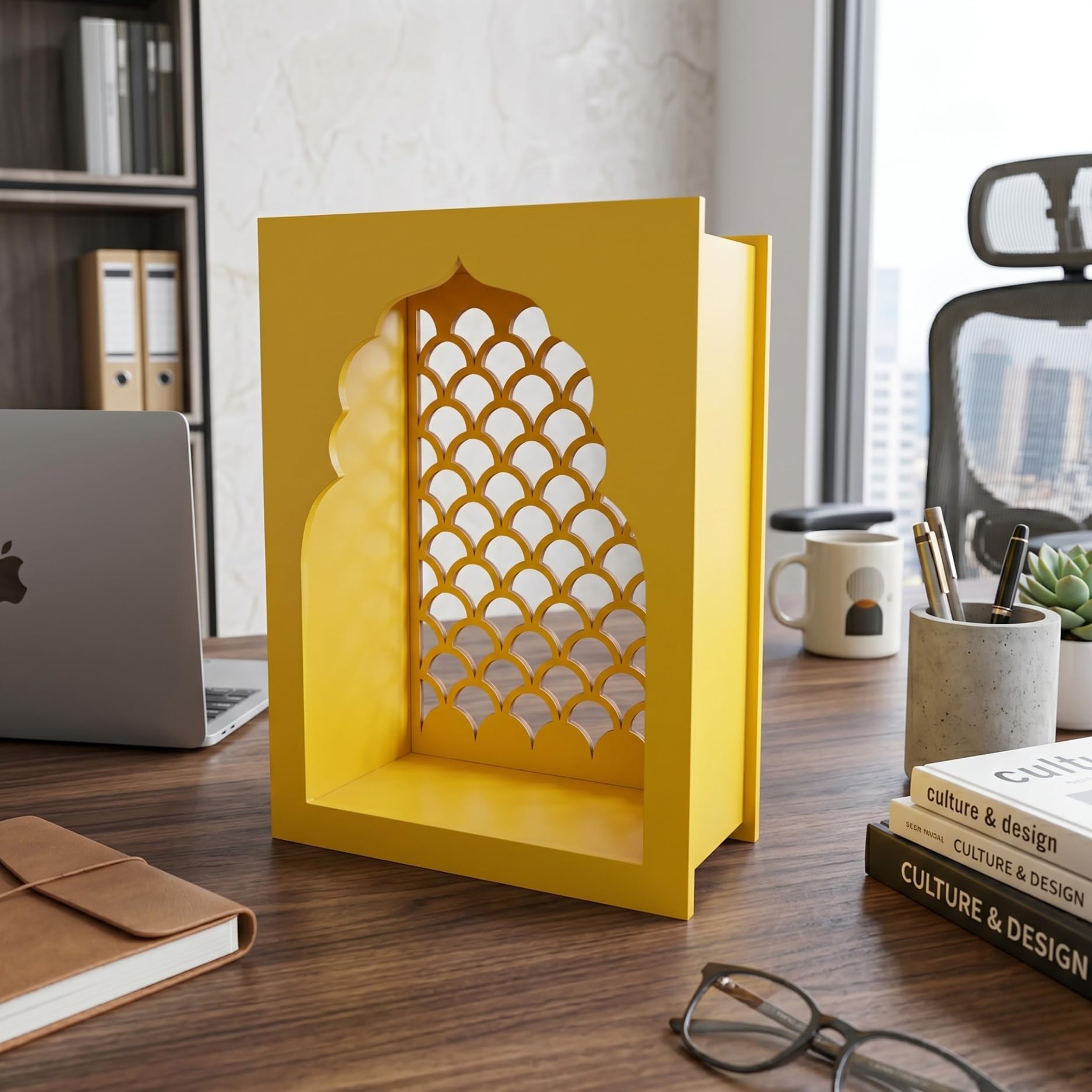 santarms Handcrafted Wooden Jharokha Temple for Home & Wall Hanging | Premium Yellow Pooja Mandir with Intricate Arch Lattice | Compact Wooden Mandir for Living Room, Office, & Wall Mount Decor