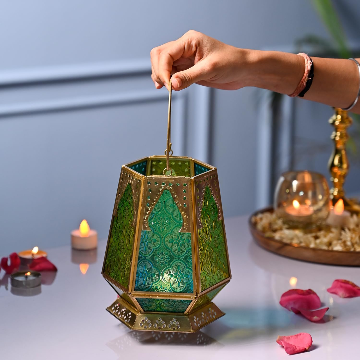 MARKET 99 Metal + Glass Hexagon Tea Light Candle Holders | Multicolor Votive Holders for Diwali, Christmas, Weddings & Birthdays | Decorative T-Light Stand for Home Decor, Festive Lighting & Gifting