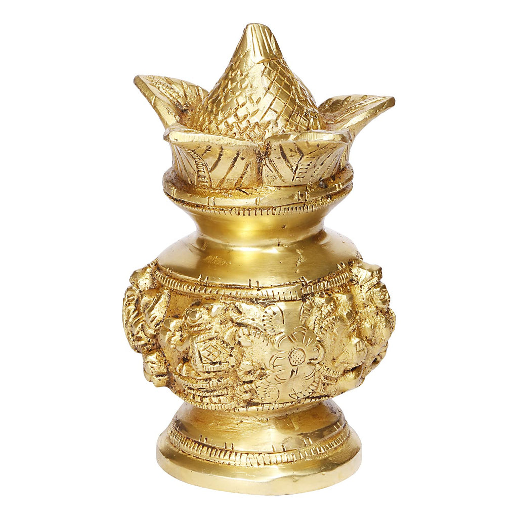 ARTVARKO Brass Laxmi Ganesh Kalash with Coconut Lakshmi Ganesha Kalash Manglam Nariyal Leaf Puja Temple Home Decorative Items 6 Inches