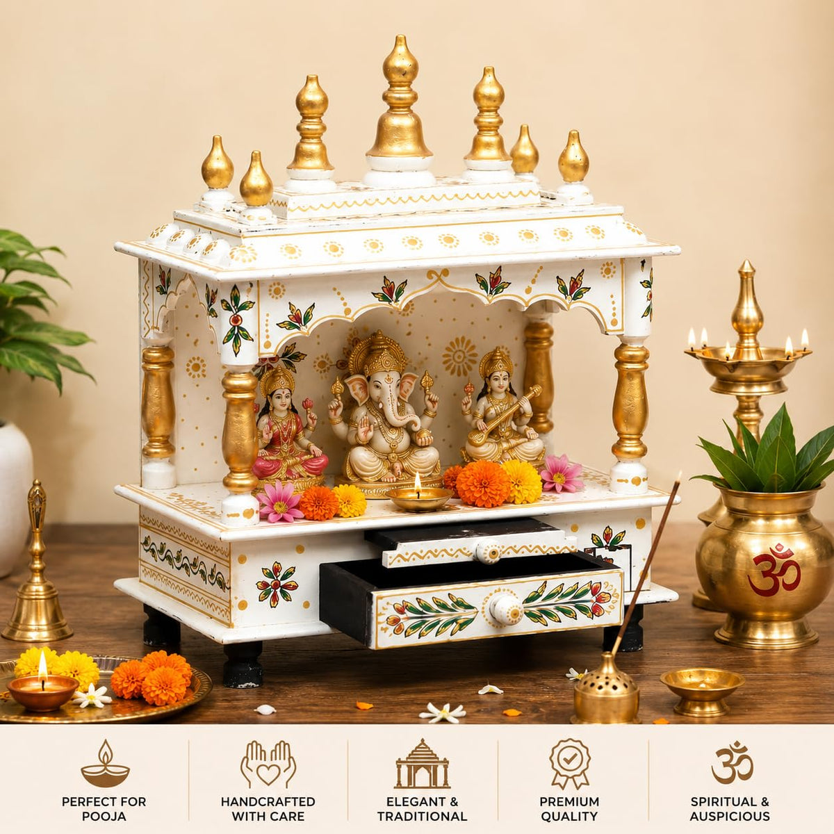 Kamdhenu Art and Craft Wooden Temple for Home and Office Poojaghar - 15 x 8 x 18 White and Red