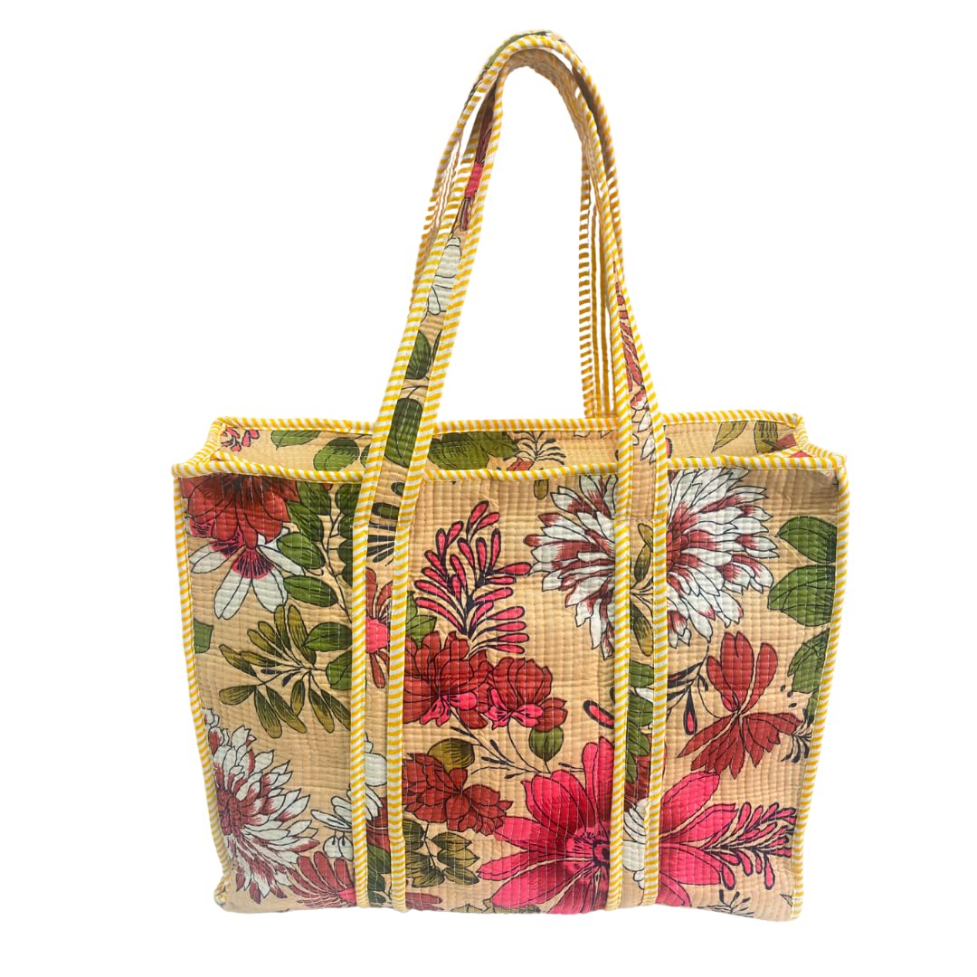 Bazaar Bhoot Edition Premium Cotton Quilted Shopping Tote Bag - Multipurpose Long Lasting Foldable Reusable Bag with zipper for Shopping, Travel & Daily Use - Made in India (Floral Beige)