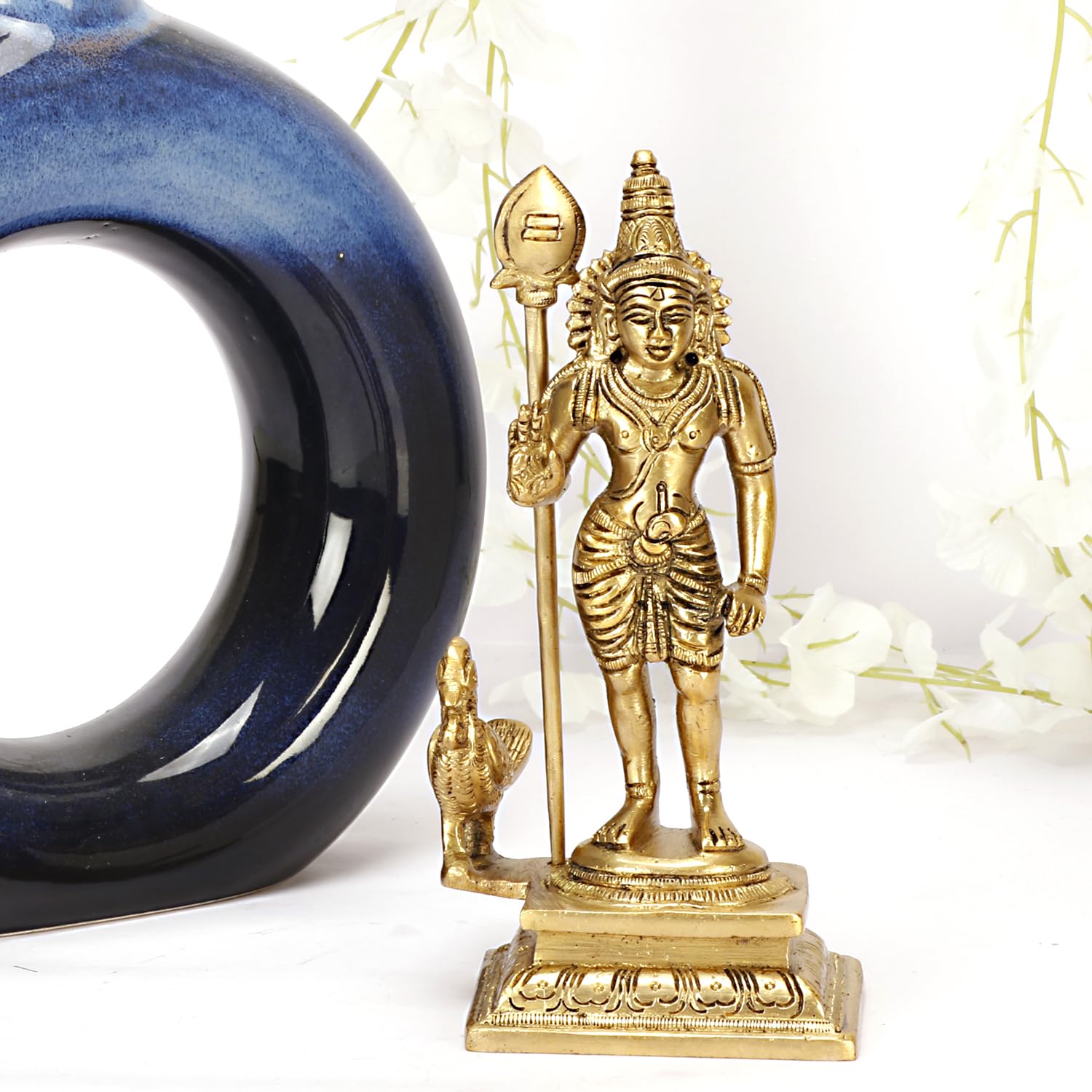 SVARUP Brass Lord Murugan Kartikeya Kumaraswamy Karthikeya with Peacock Idol Swaminatha Murti 7 Inch