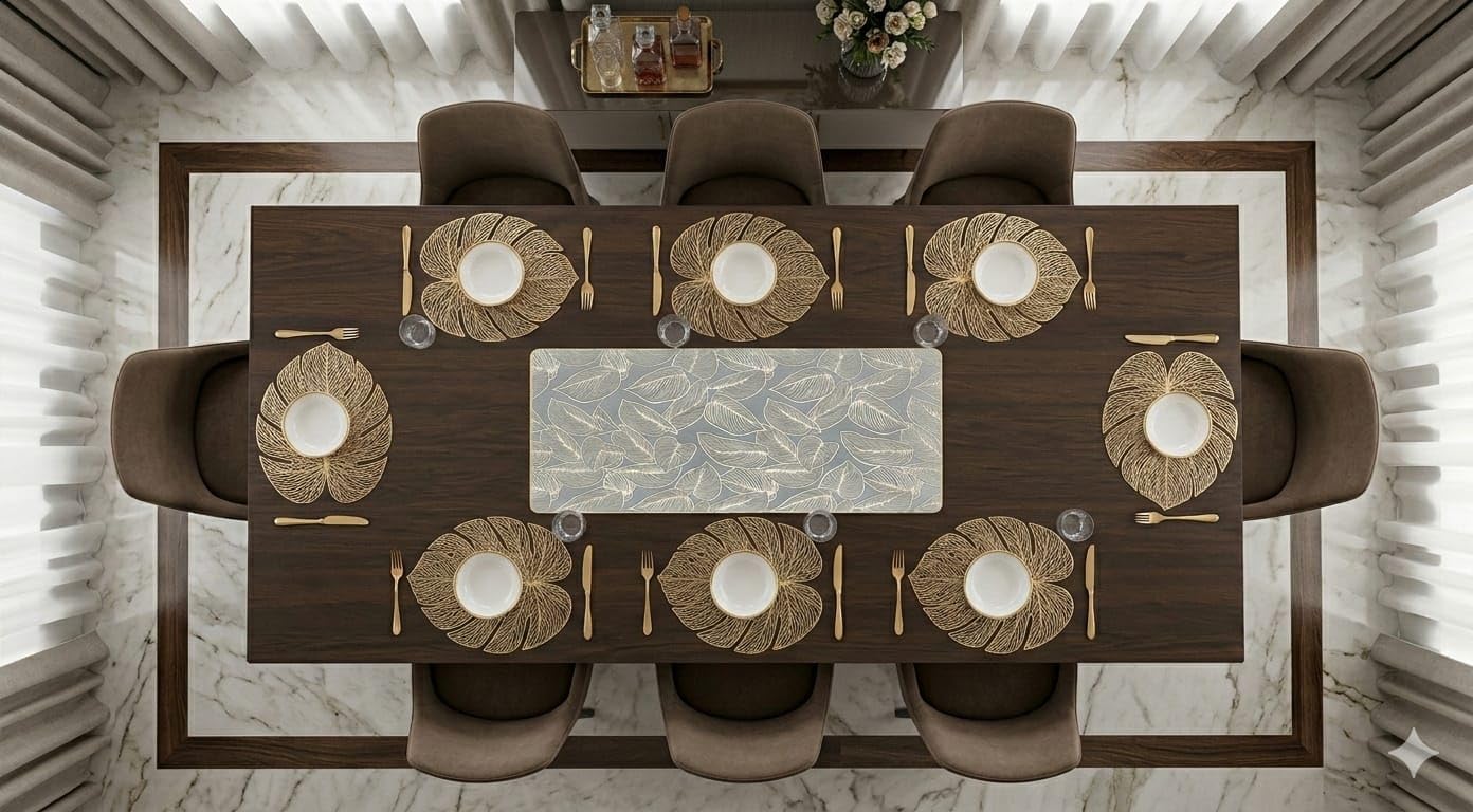 Dining Table Mats Set with Table Runner Leaf Design Placemat Set for Dining Table Stylish Table Mats (Monstera Gold Leaf Table mat+ Luxury Gold Skeletal Leaf Table Runner, Pack of 9 (8+1)) Kafalo